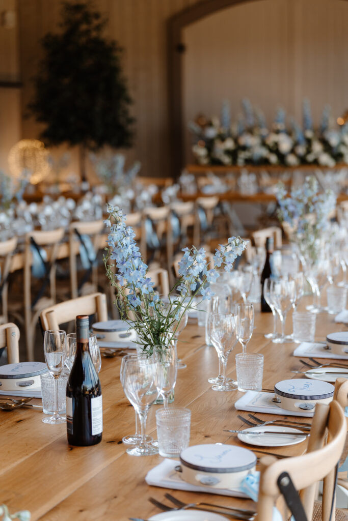 Primrose Hill Farm Wedding Photographer - Blue wedding breakfast details & florals