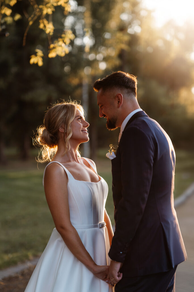 Late summer wedding at home golden hour bride and groom portrait